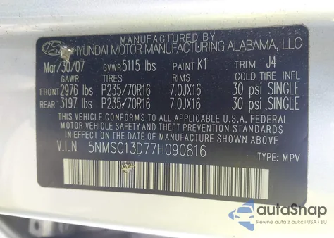 2007 Hyundai Santa Fe Gls from USA, damaged, VIN 5NMSG13D77H090816